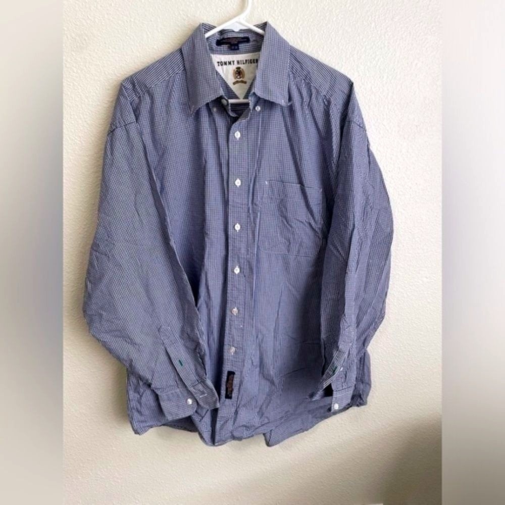 Tommy Hilfiger Mens Size 17-35 Button Down Shirt Checkered Long‎ Sleeve Blue